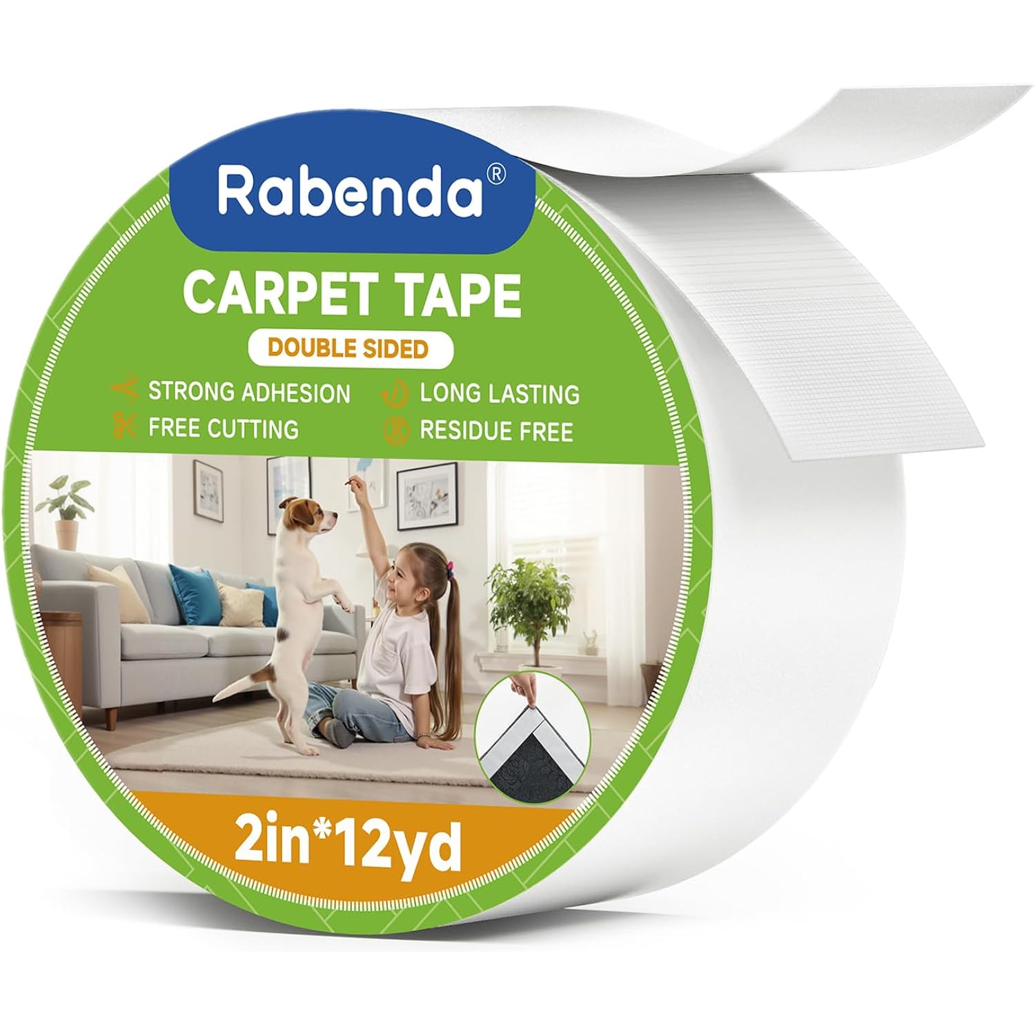 Rabenda Double Sided Carpet Tape - 2 Inch x 12 Yards Removable Rug Tape for Hardwood Floors, Tile & Laminate - No Residue Strong Hold Anti Slip Gripper for Area Rugs, Mats & Carpets