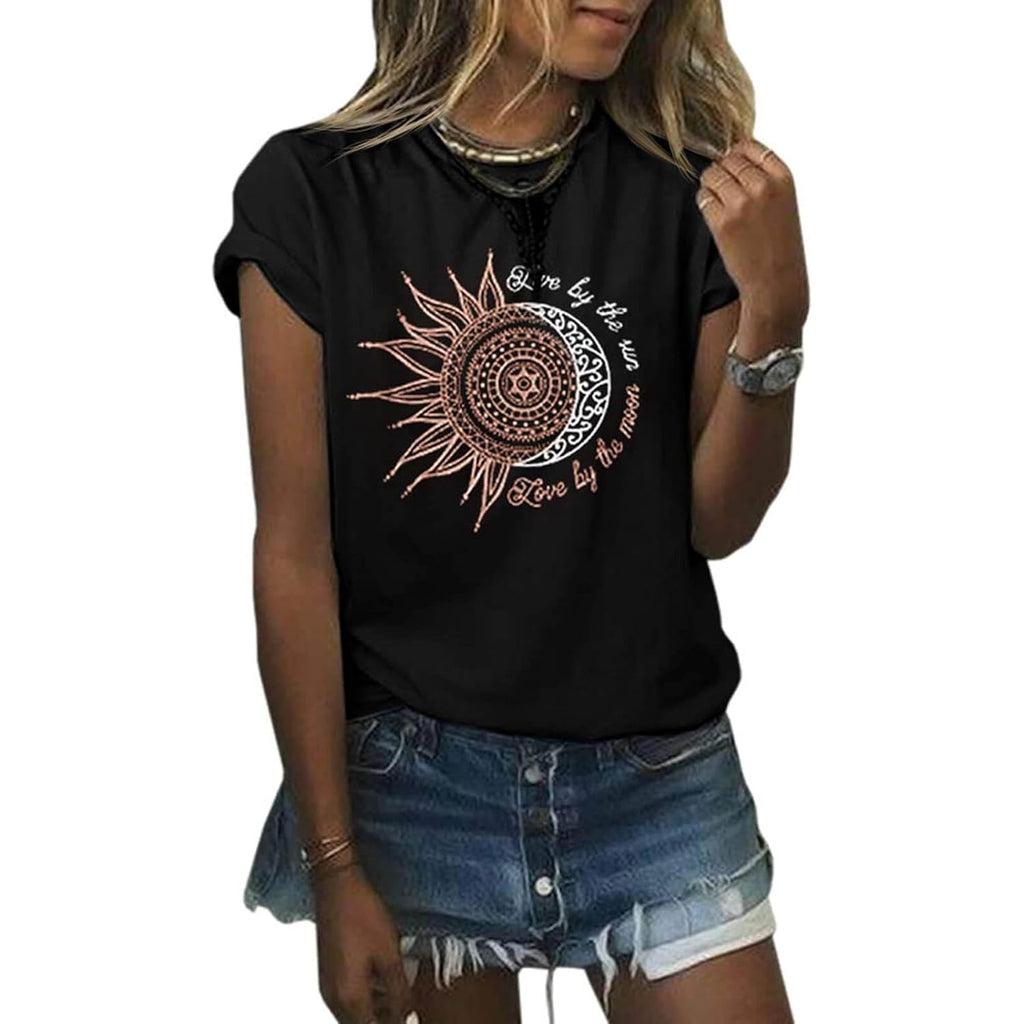 MaQiYa Womens Graphic Tees Summer Vintage Short Sleeve Cotton Moon and Sun Printed T Shirts Tops Black