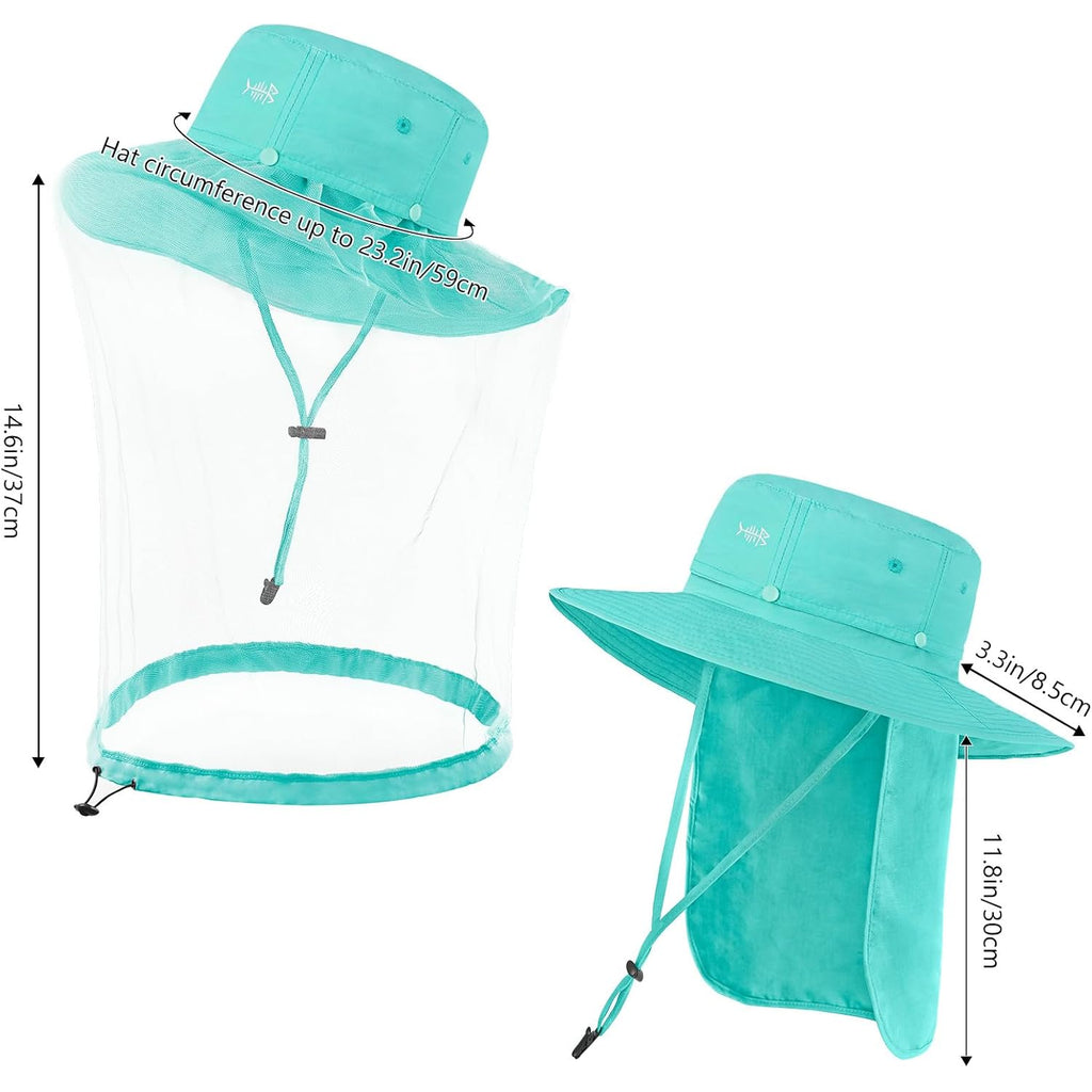 BASSDASH UPF 50+ Mosquito Sun Hat with Hidden Head Net and Neck Flap for Men Women Outdoor Fishing Hiking Camping Turquoise