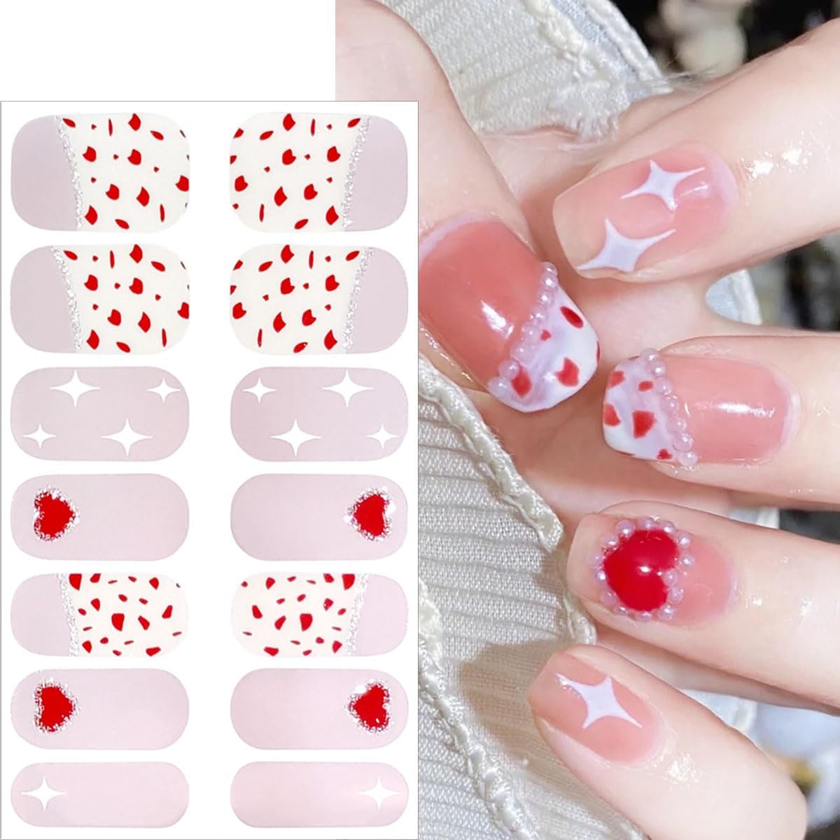 5 Sheets Valentines Day Nail Gel Stickers Cute Bow Heart Nail Polish Strips French Glitter Designs Cute Full Warps Gel Nail Strips Red Nails Polish Stickers for Women Holiday Manicure Decorations