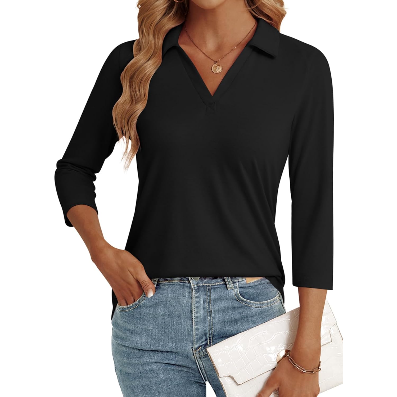 Lyhipss 3/4 Length Sleeve Womens Tops Dressy Casual V Neck Polo Shirts Business Work Blouses 2025 Trendy Tunic Top