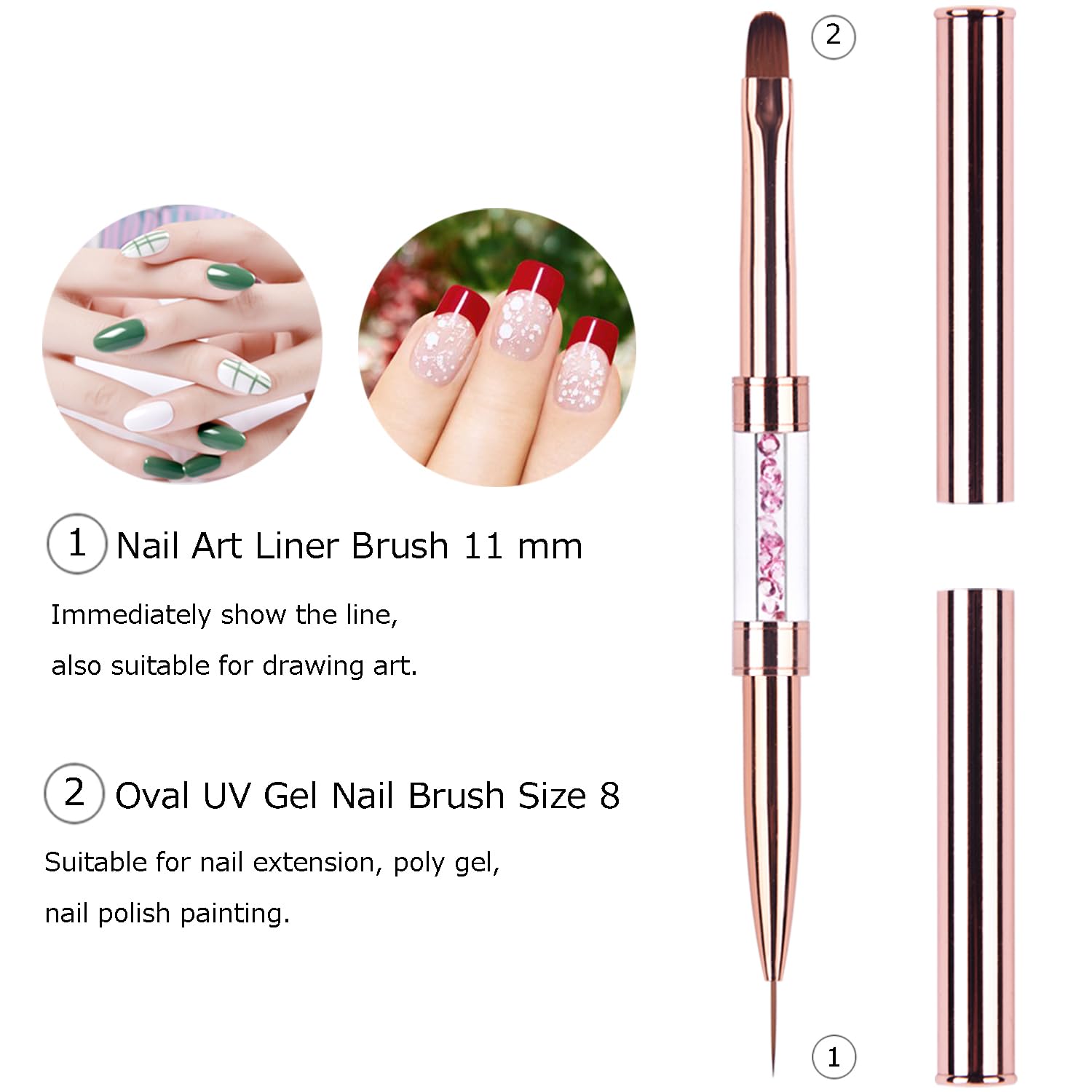1Pcs Dual-ended Nail Design Brushes Rhinestone Handle Nail Art Liner Brush UV Gel Nail Polish Brush Rose Gold