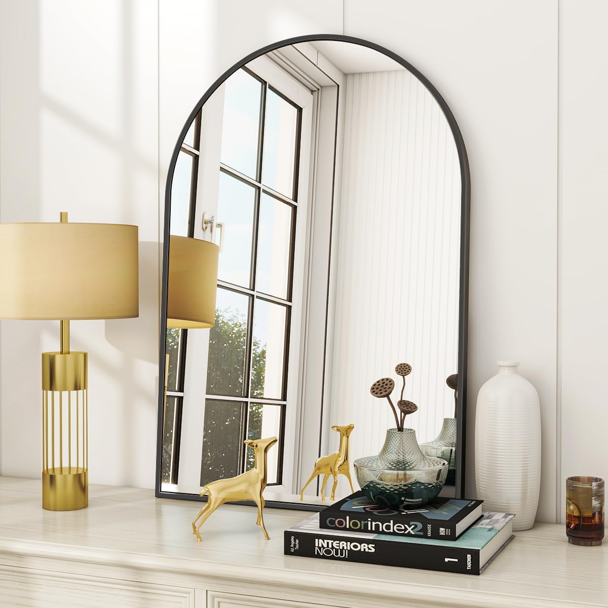 Arched Wall Mirror, 24 X 36 Inch Arch Bathroom Mirror, Wall Mounted Vanity Mirror With Arch Metal Frame, Modern Bathroom Vanity Mirror For Bedroom, Living Room, Hanging Or Leaning, Black