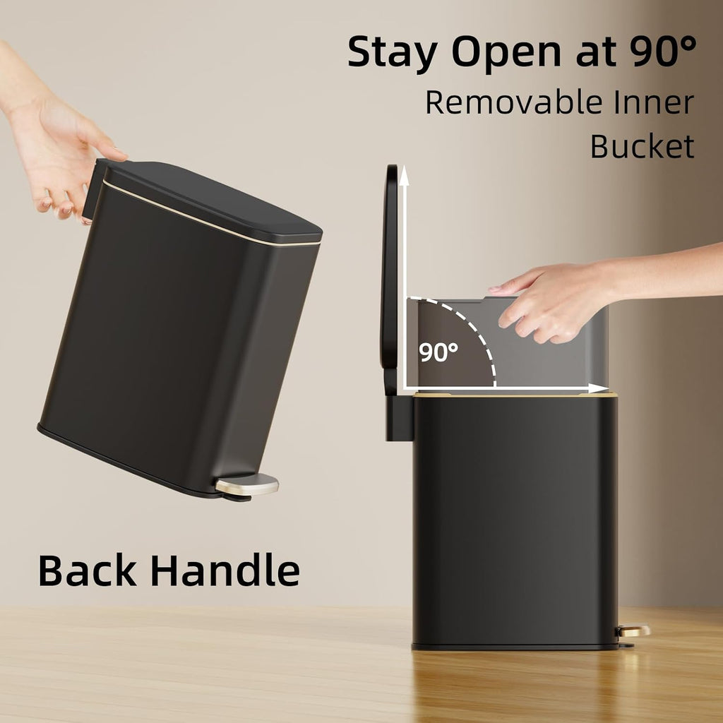 Ksskss Small Bathroom Trash Can With Lid Soft Close, Step Pedal, 6L / 1.6 Gal Stainless Steel Garbage Bin With Removable Inner Bucket, Slim Wastebasket For Narrow Spaces (Black)