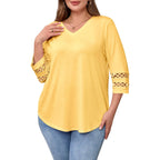 Beautife Womens Plus Size 3/4 Sleeve Tops V Neck Loose Fit Tee Shirts Dressy Casual Eyelet Lace Tunic Blouse
