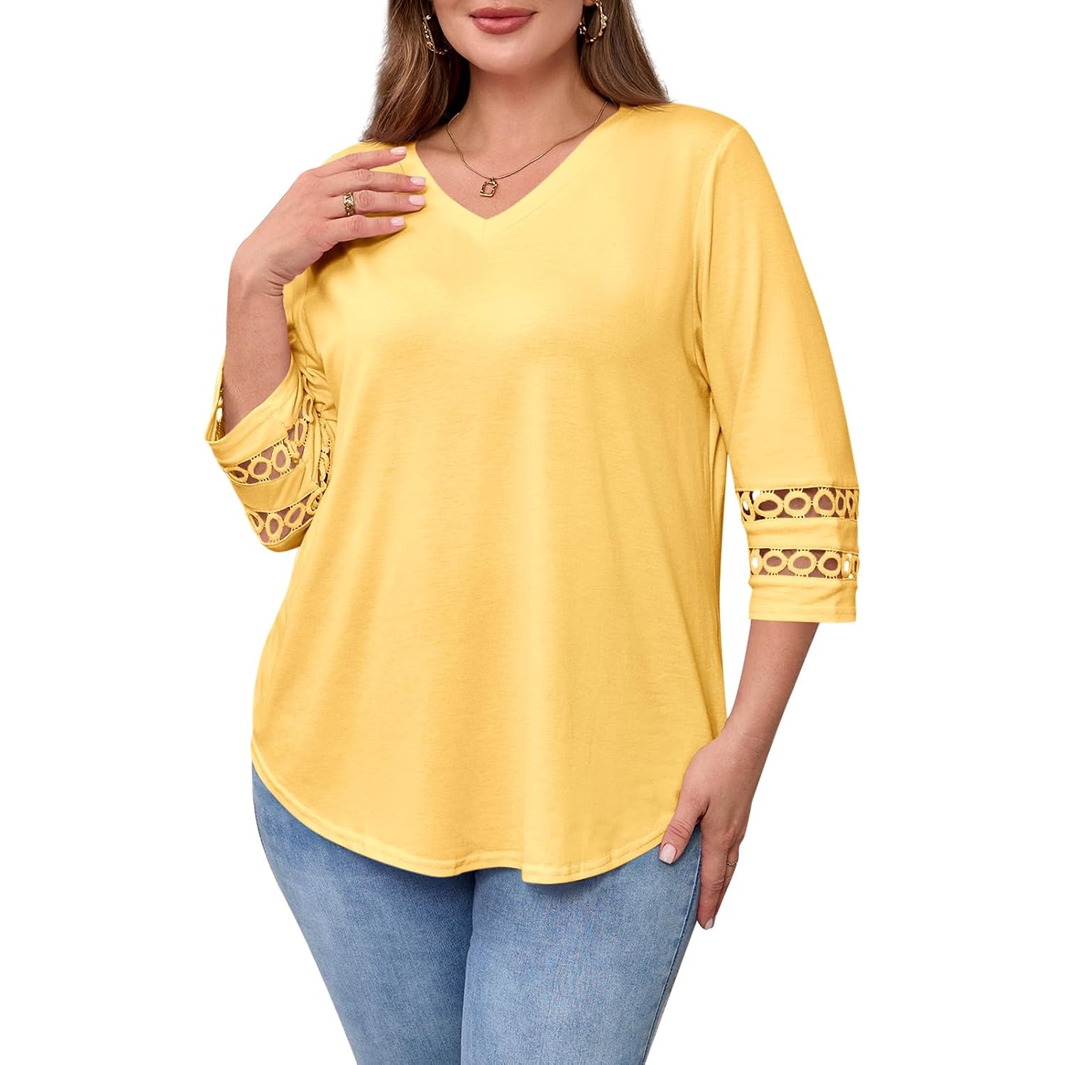 Beautife Womens Plus Size 3/4 Sleeve Tops V Neck Loose Fit Tee Shirts Dressy Casual Eyelet Lace Tunic Blouse