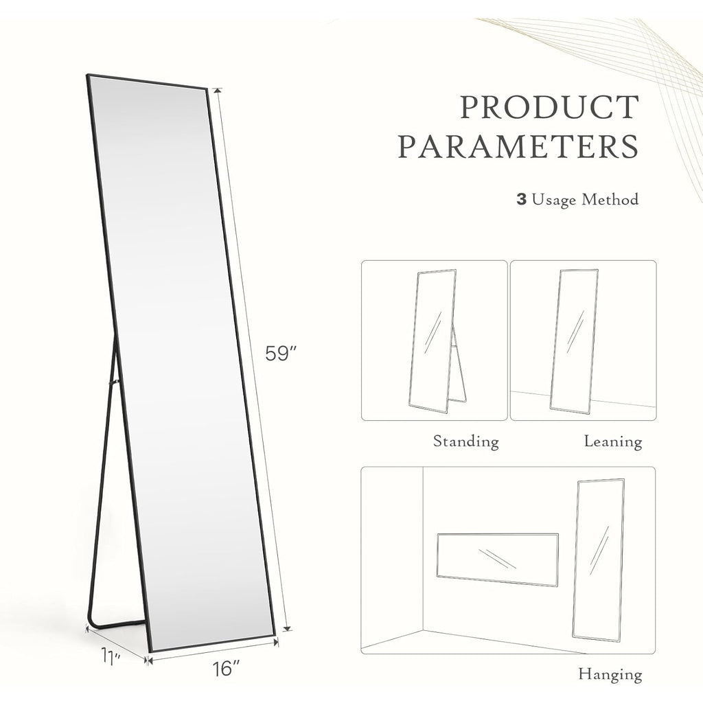 Mirror Full Length, Upgraded 16"x59" Body Wall Mirrors with Shatter-Proof Glass, Floor Standing, Hanging or Leaning, Tall Mirror with Stand Aluminum Alloy Frame for Bedroom, Black