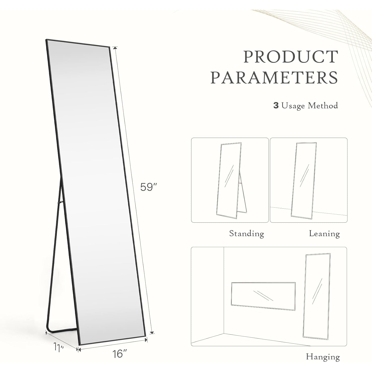 Mirror Full Length, Upgraded 16"x59" Body Wall Mirrors with Shatter-Proof Glass, Floor Standing, Hanging or Leaning, Tall Mirror with Stand Aluminum Alloy Frame for Bedroom, Black