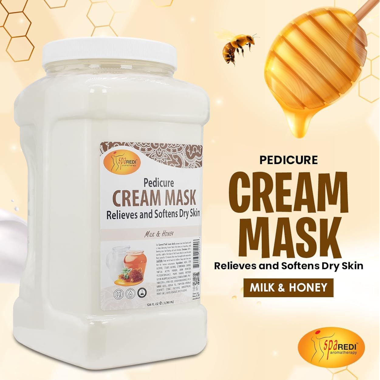 SPA REDI - Body and Foot Cream Mask, Milk and Honey, 128 Oz - Pedicure Massage for Tired Feet and Body, Hydrating, Fresh Skin - Infused with Hyaluronic Acid, Amino Acids, Panthenol, Comfrey Extract