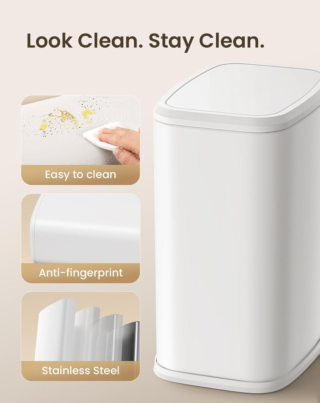 Cesun 2.1 Gallon Bathroom Trash Can With Swing-Top Lid, Small Stainless Steel Garbage Can With Removable Inner Bucket, Slim Waste Basket For Home, Office, Toilet, Bedroom, Living Room (White)