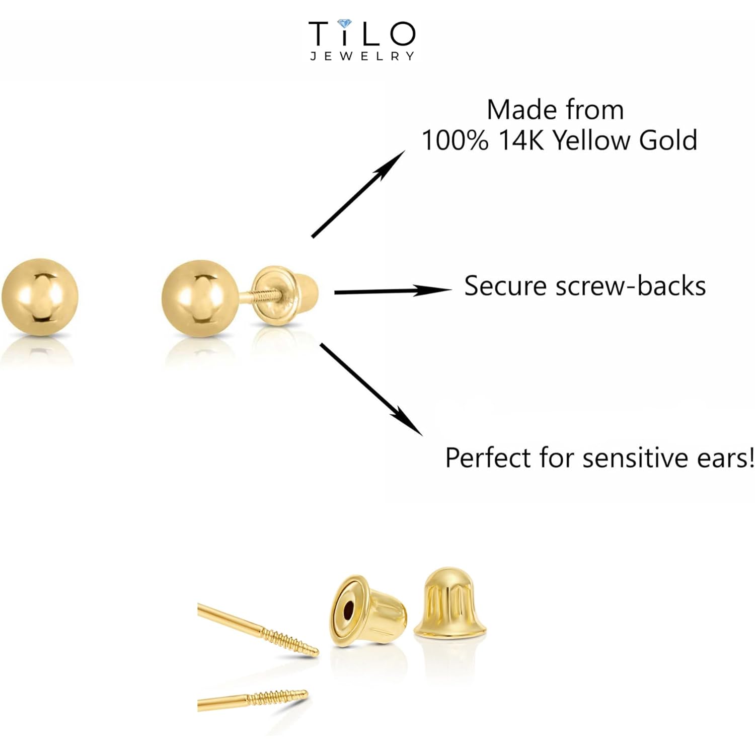14k Yellow Gold Ball Stud Earrings with Secure Screw-backs