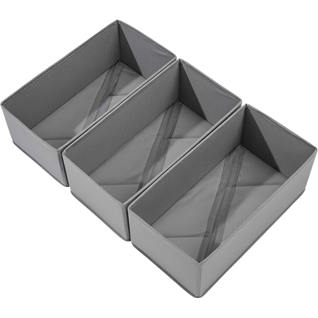 Bructhun Sock Drawer Organizer 3 Pack - Collapsible Fabric Storage Bins For Underwear Divider, Small Closet Organizers With 3 Compartments, Gray