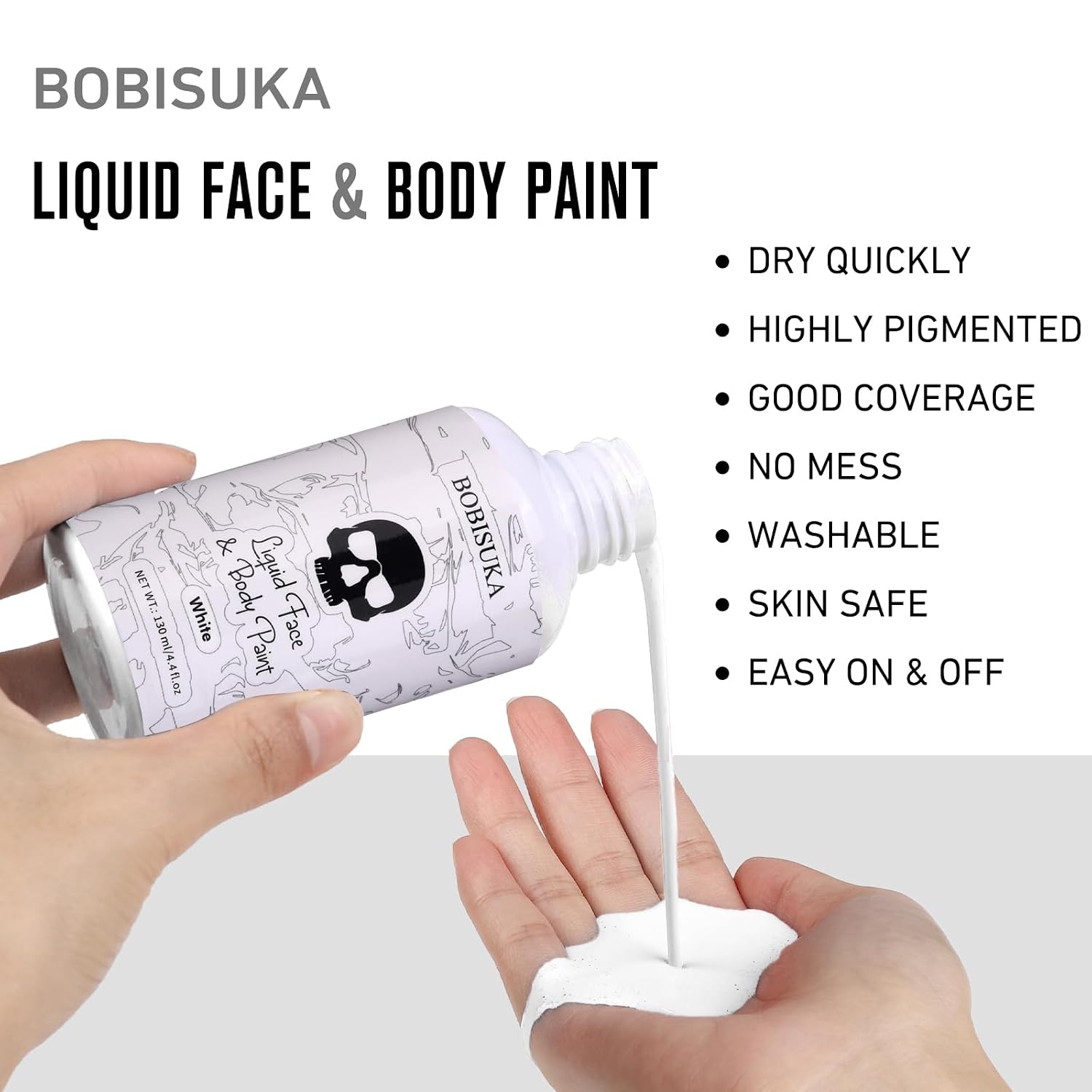 Bobisuka White Face Body Paint Liquid Texture Washable Non Toxic Facepaint Fast Drying Foundation Makeup For Halloween Clown Skeleton Skull Cosplay Sfx Costume Party Large Capacity(130Ml)