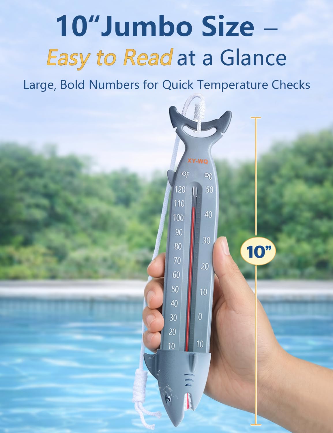 Xy-Wq 10" Large Shark Pool Thermometer – Jumbo Easy-Read Pool Water Thermometer With Fully Sinking Design For Accurate Readings, Tether Included For Swimming Pool, Spa, Hot Tub & Pond