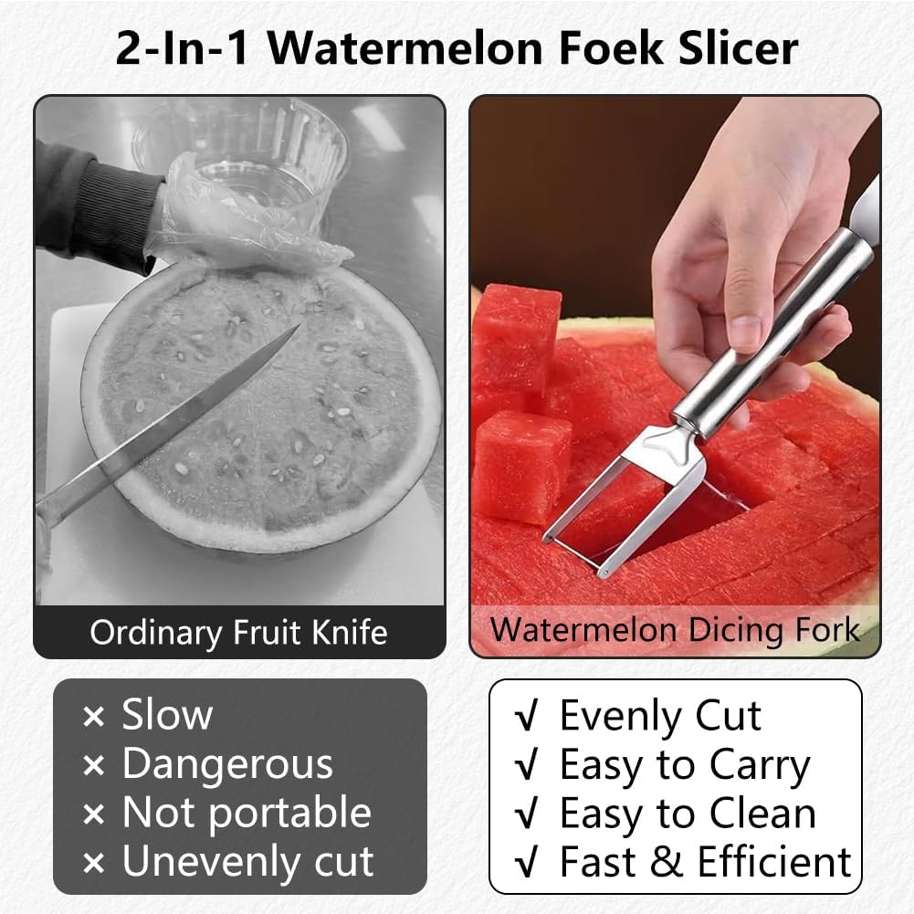 2-In-1 Stainless Steel Fruit Cutter, Watermelon Fork Slicer Tool, Watermelon Slicer And Fork, Dual Head Knife With Round Handle For Kitchen Fruit Cubes (1 Piece)