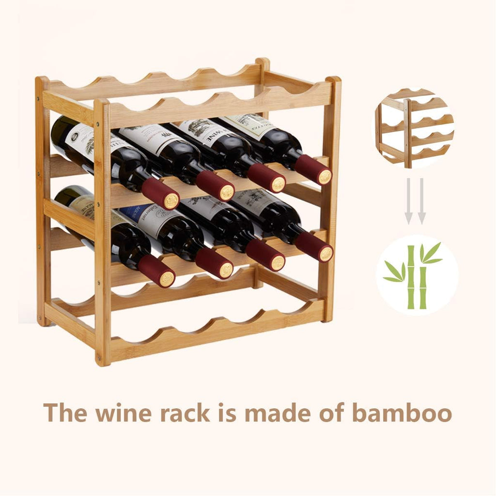 Bamboo Wine Rack, Sturdy And Durable Countertop Wine Storage Cabinet Shelf For Pantry - 4 Tiers 16 Bottle Wine Rack