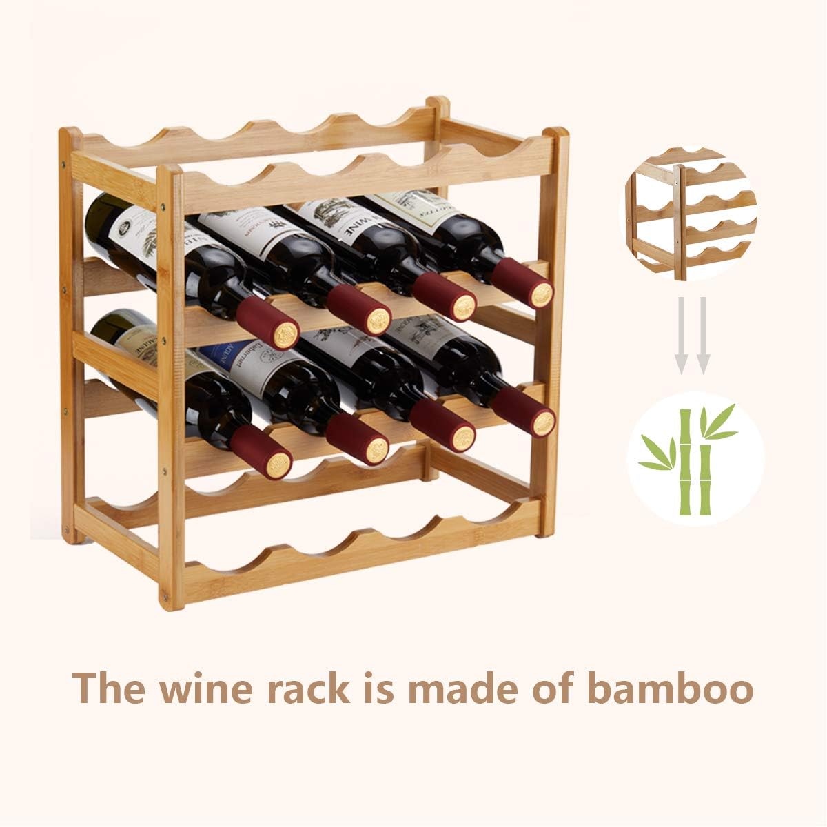 Bamboo Wine Rack, Sturdy And Durable Countertop Wine Storage Cabinet Shelf For Pantry - 4 Tiers 16 Bottle Wine Rack