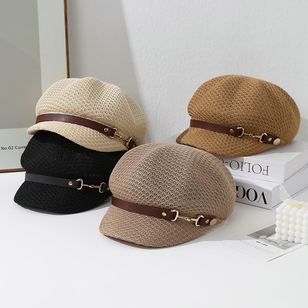 Molodo Womens Summer Breathable Newsboy Hat Lightweight Short Brim Cap with Decorative Strap for Casual Outdoor Style Khaki