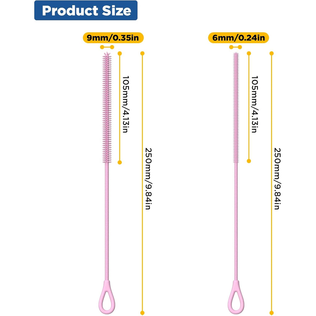 Silicone Straw Cleaner Brush, 2Pcs Reusable Straw Brush Extra Long For Cleaning Tumbler With Handle And Glass Metal Smoothie Straws, Non-Slip Handle Soft And Bendable, 6Mm+9Mm, Pink