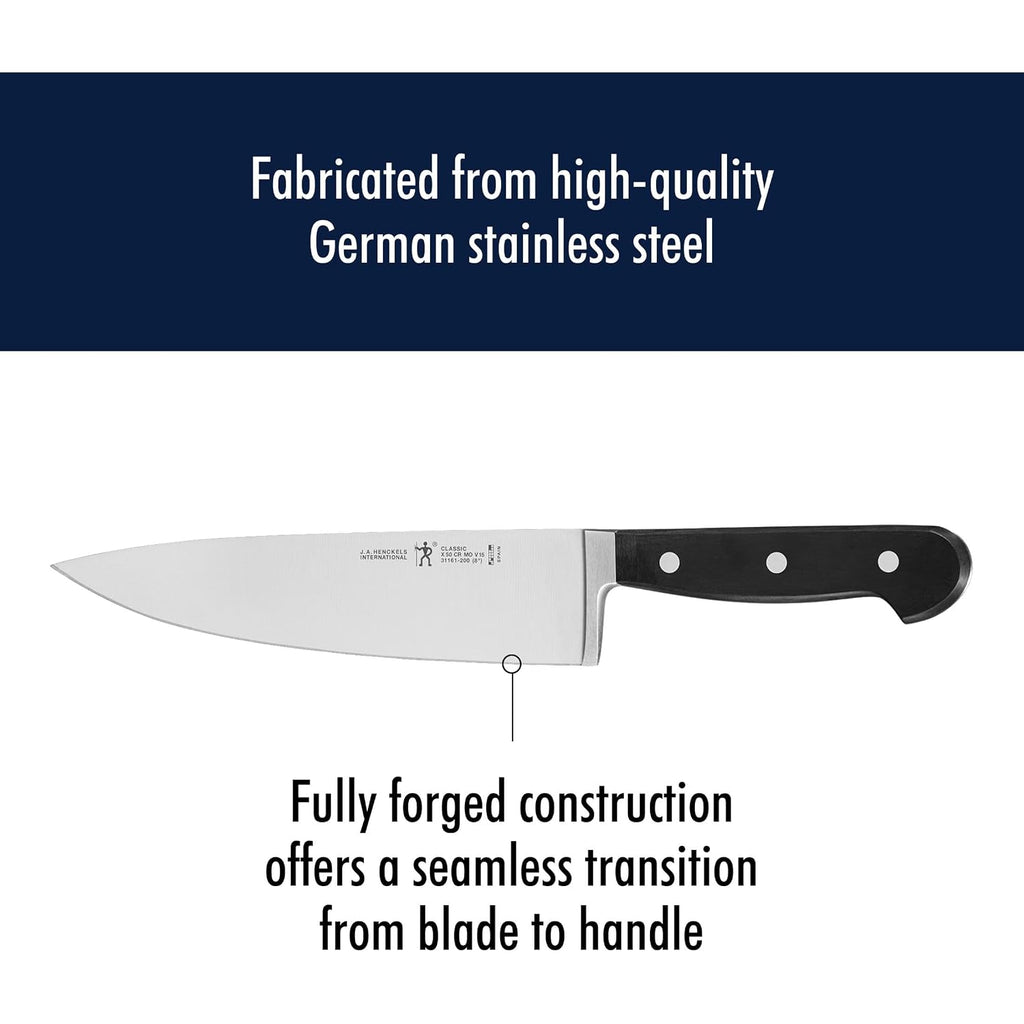 Henckels Classic 8-Inch Chef Knife, Razor-Sharp, German Engineered | Fully Forged Construction Provides Balance With Traditional Triple-Rivet Handles Enables Comfortable Easy Cutting.