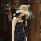 Foldable Wide Brim Floppy Straw Beach Sun Hat,Summer Bucket Cap with Bowknot for Women Girls Khaki