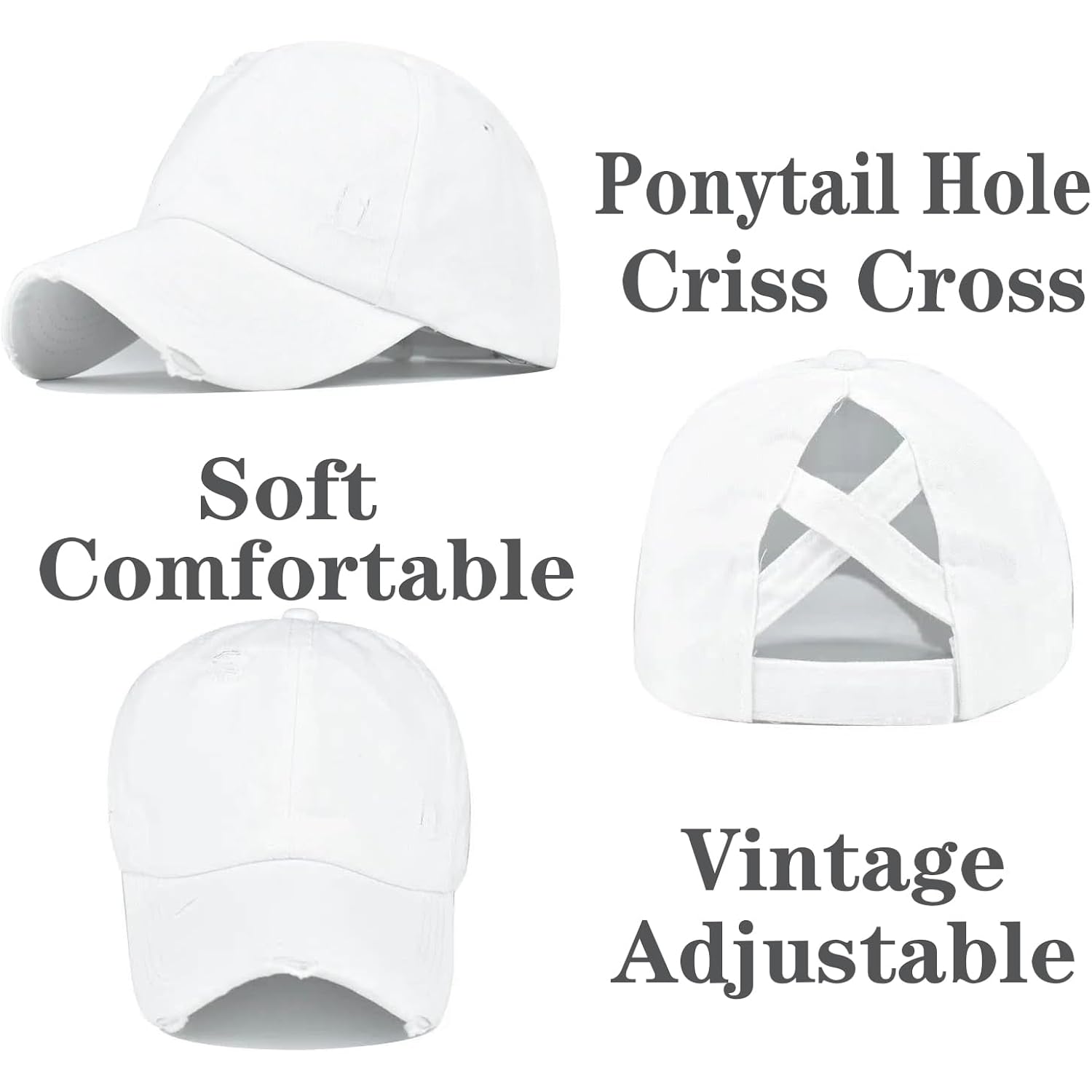 2 Packs Womens Ponytail Criss Cross Hat Baseball Cap Distressed Ponytail Hat High Messy Bun Trucker Ponycap