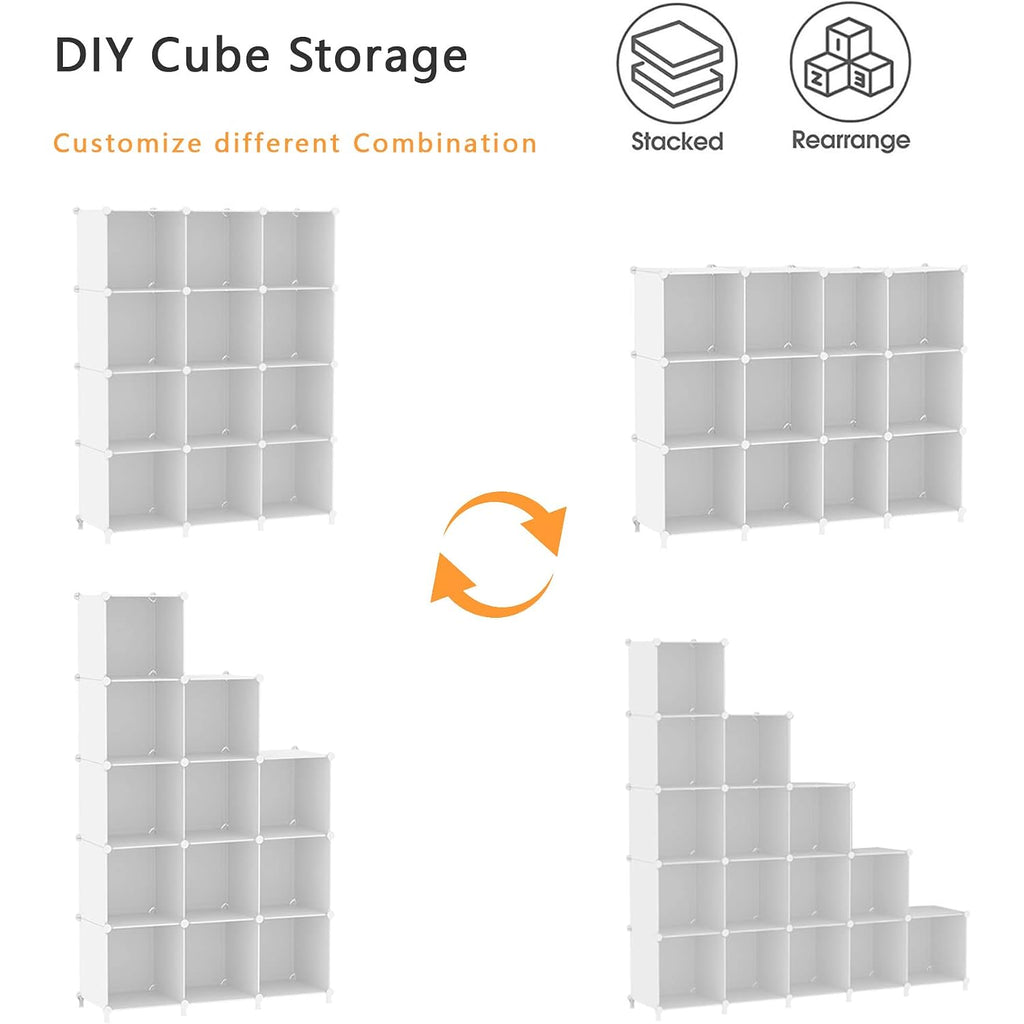 Awtatos Cube Storage Organizer Storage 12 Cube Bookshelf Diy Plastic Closet Clothes Storage Shelves With Wooden Mallet, Stackable Storage Solution For Home, Bedroom, White