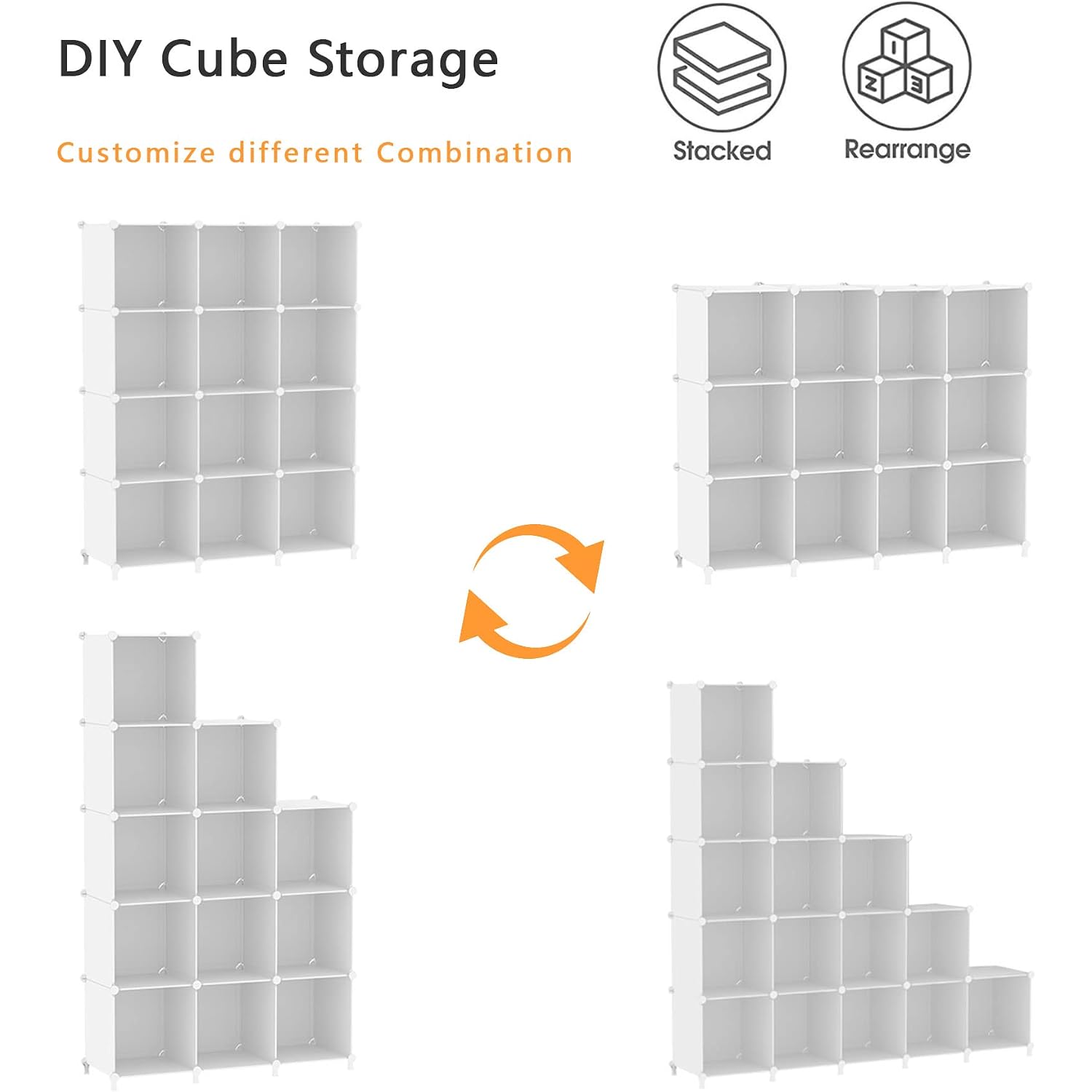 Awtatos Cube Storage Organizer Storage 12 Cube Bookshelf Diy Plastic Closet Clothes Storage Shelves With Wooden Mallet, Stackable Storage Solution For Home, Bedroom, White
