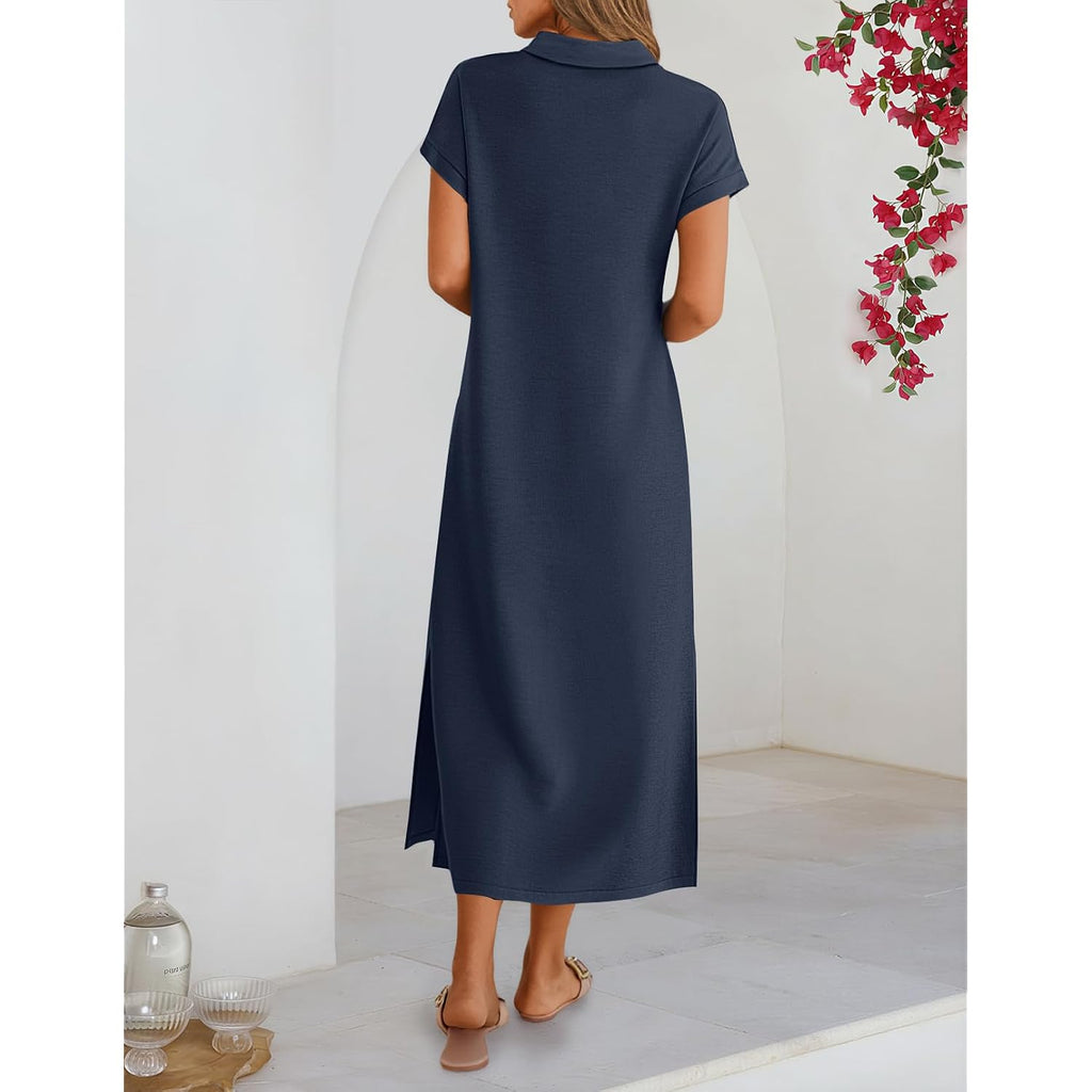 Merokeety Women'S Summer Casual Maxi Dress 2026 Cap Sleeve V Neck Collared Beach Vacation T Shirt Long Dresses