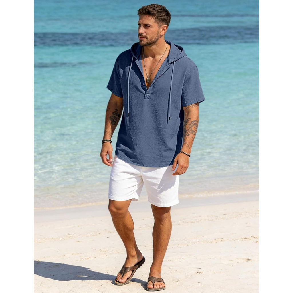 Men'S Cotton Linen Shirts Short Sleeve Casual Button Down Hoodies Summer Hawaiian Beach Top With Drawstring