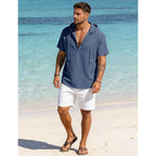 Men'S Cotton Linen Shirts Short Sleeve Casual Button Down Hoodies Summer Hawaiian Beach Top With Drawstring