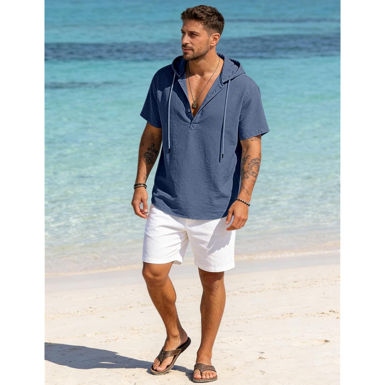 Men'S Cotton Linen Shirts Short Sleeve Casual Button Down Hoodies Summer Hawaiian Beach Top With Drawstring