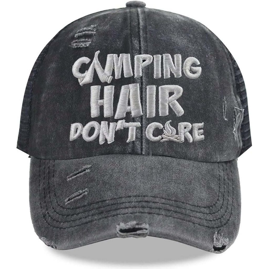 Camping Hair Don'T Care Hat, Vintage Washed Distressed Mesh Baseball Cap