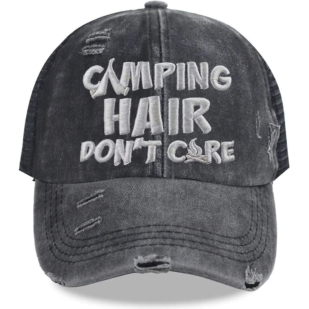 Camping Hair Don'T Care Hat, Vintage Washed Distressed Mesh Baseball Cap