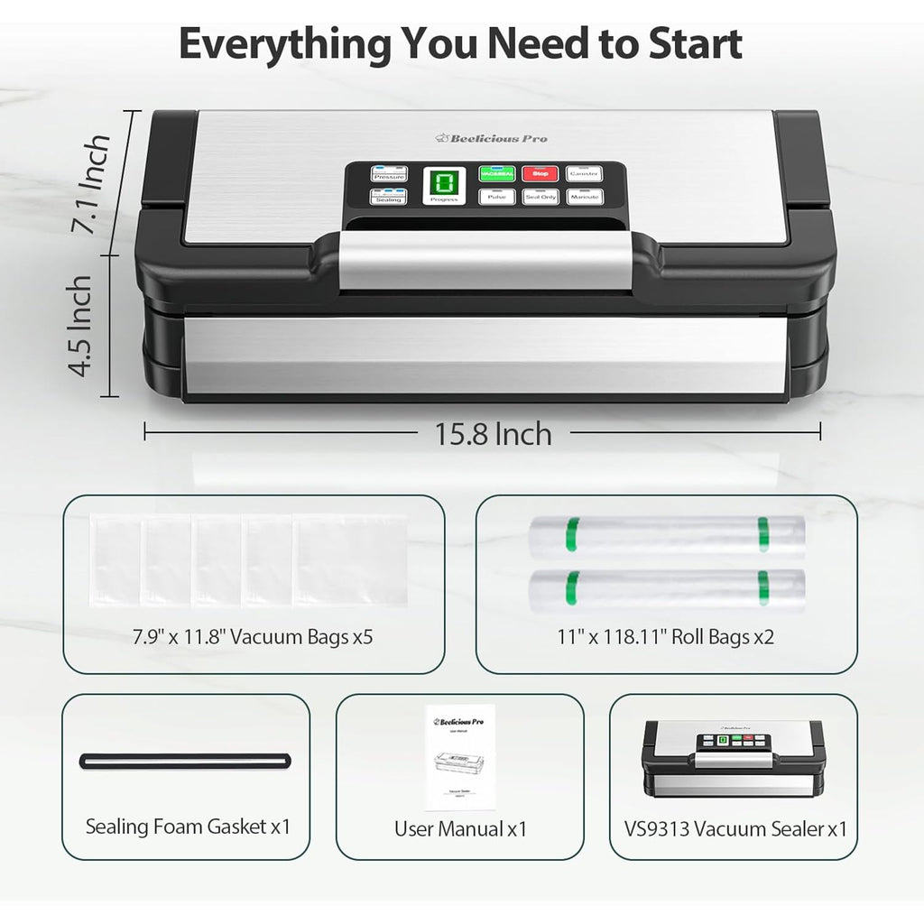 95kPa Vacuum Sealer Machine with AquaLock Technology, for Moist Seals, 2X Seal & 130W, Fully Automatic Food Sealer, Built-In Cutter, Bag Storage & Hose, Precision Sealing, 2 Bag Rolls,Stainless Steel