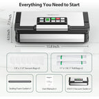 95kPa Vacuum Sealer Machine with AquaLock Technology, for Moist Seals, 2X Seal & 130W, Fully Automatic Food Sealer, Built-In Cutter, Bag Storage & Hose, Precision Sealing, 2 Bag Rolls,Stainless Steel