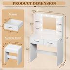 Furmax Make Up Vanity Desk With Mirror And Power Outlet, Vanity With 3 Color Light Options Adjustable Brightness, Vanity Desk With 2 Drawers, 6 Storage Shelves (White, With Bench)