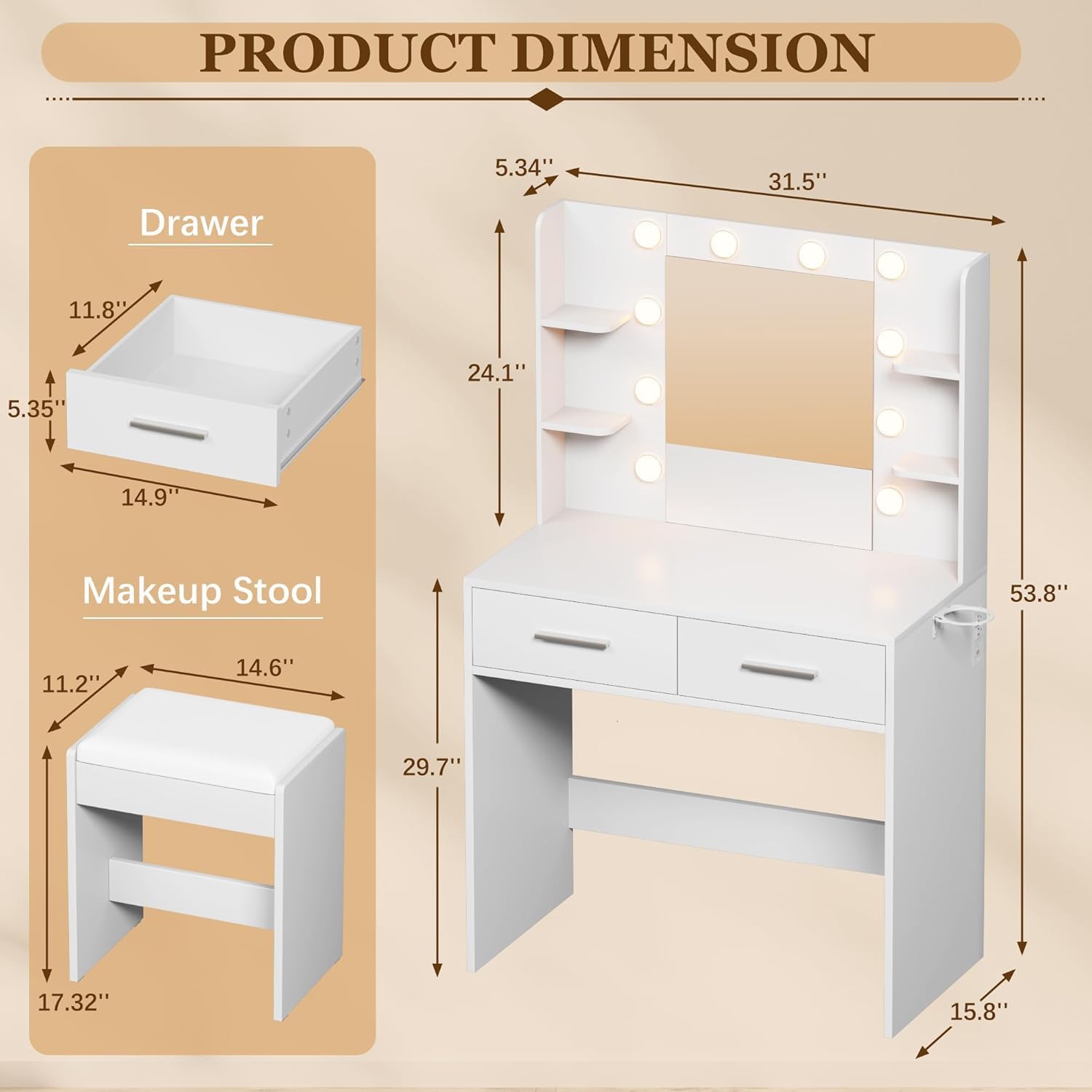 Furmax Make Up Vanity Desk With Mirror And Power Outlet, Vanity With 3 Color Light Options Adjustable Brightness, Vanity Desk With 2 Drawers, 6 Storage Shelves (White, With Bench)