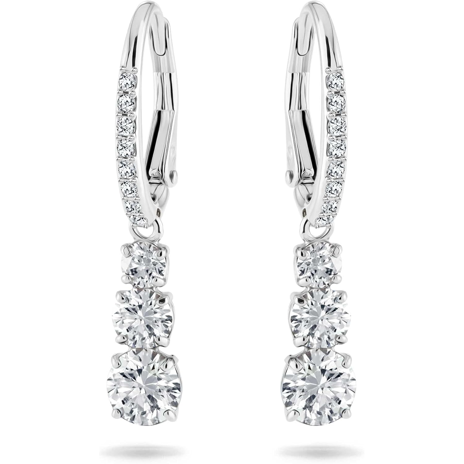 Swarovski Stilla Attract Trilogy Drop Pierced Earrings with White Crystals on a Rhodium Plated Setting with Hinged Closure