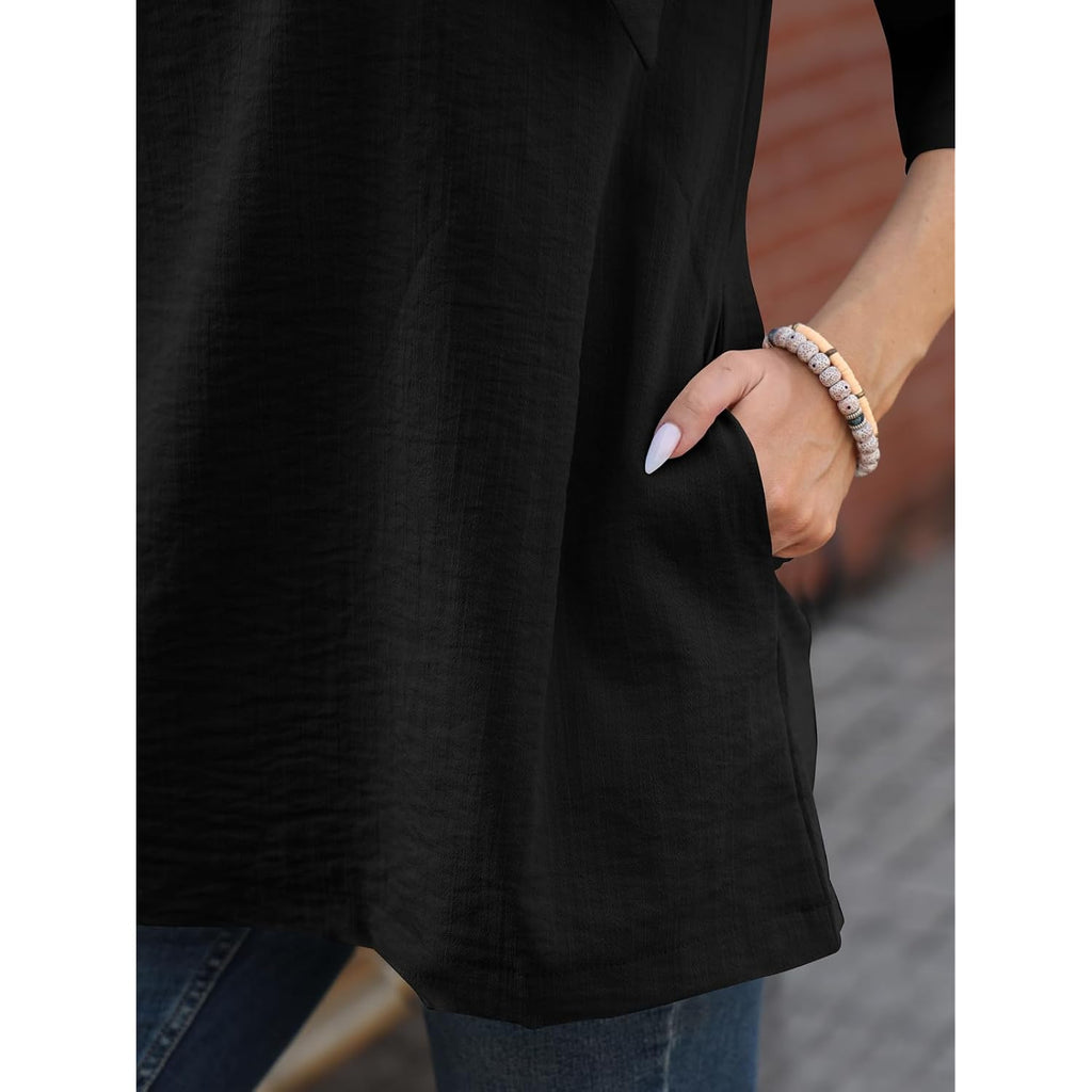 Summer Tunic Tops for Women 3/4 Sleeve Linen Blouse with Pockets & Bow Tie Neck Ladies Tops for Brunch Casual Wear