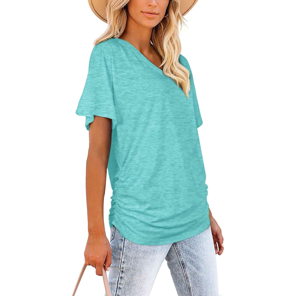 Womens Summer T-Shirts Short Sleeve V Neck Dolman Tops with Side Shirring Loose Fit Shirts Spring Fashion