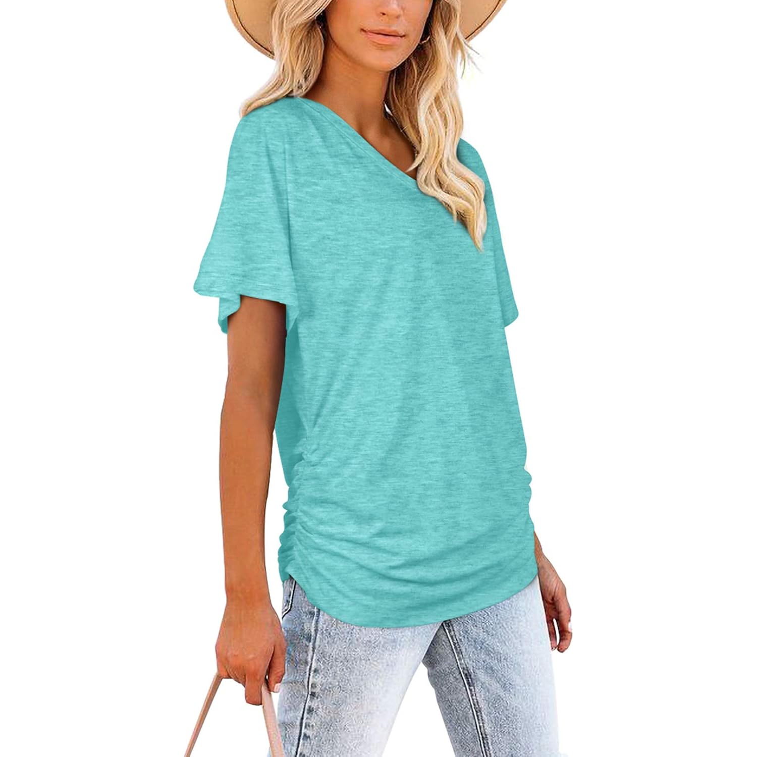 Womens Summer T-Shirts Short Sleeve V Neck Dolman Tops with Side Shirring Loose Fit Shirts Spring Fashion