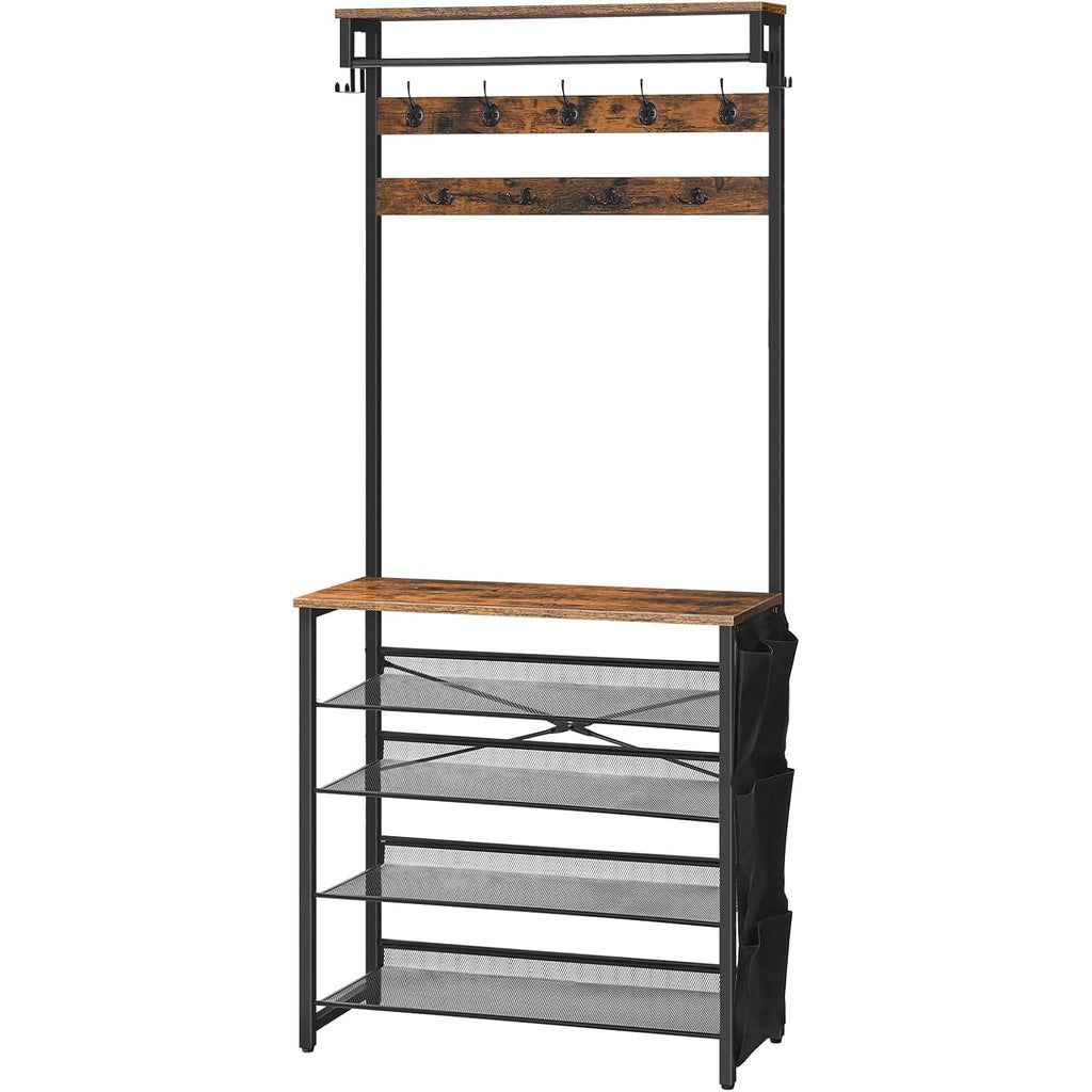 Hoobro Hall Tree With Bench, Entryway Coat Rack With Shoe Rack, Shoe And Coat Rack, 5 Tier Shoe Storage Organizer With Oxford Fabric Side Pockets, Adjustable Mesh Shelves, Rustic Brown Bf75Mt01