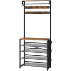 Hoobro Hall Tree With Bench, Entryway Coat Rack With Shoe Rack, Shoe And Coat Rack, 5 Tier Shoe Storage Organizer With Oxford Fabric Side Pockets, Adjustable Mesh Shelves, Rustic Brown Bf75Mt01