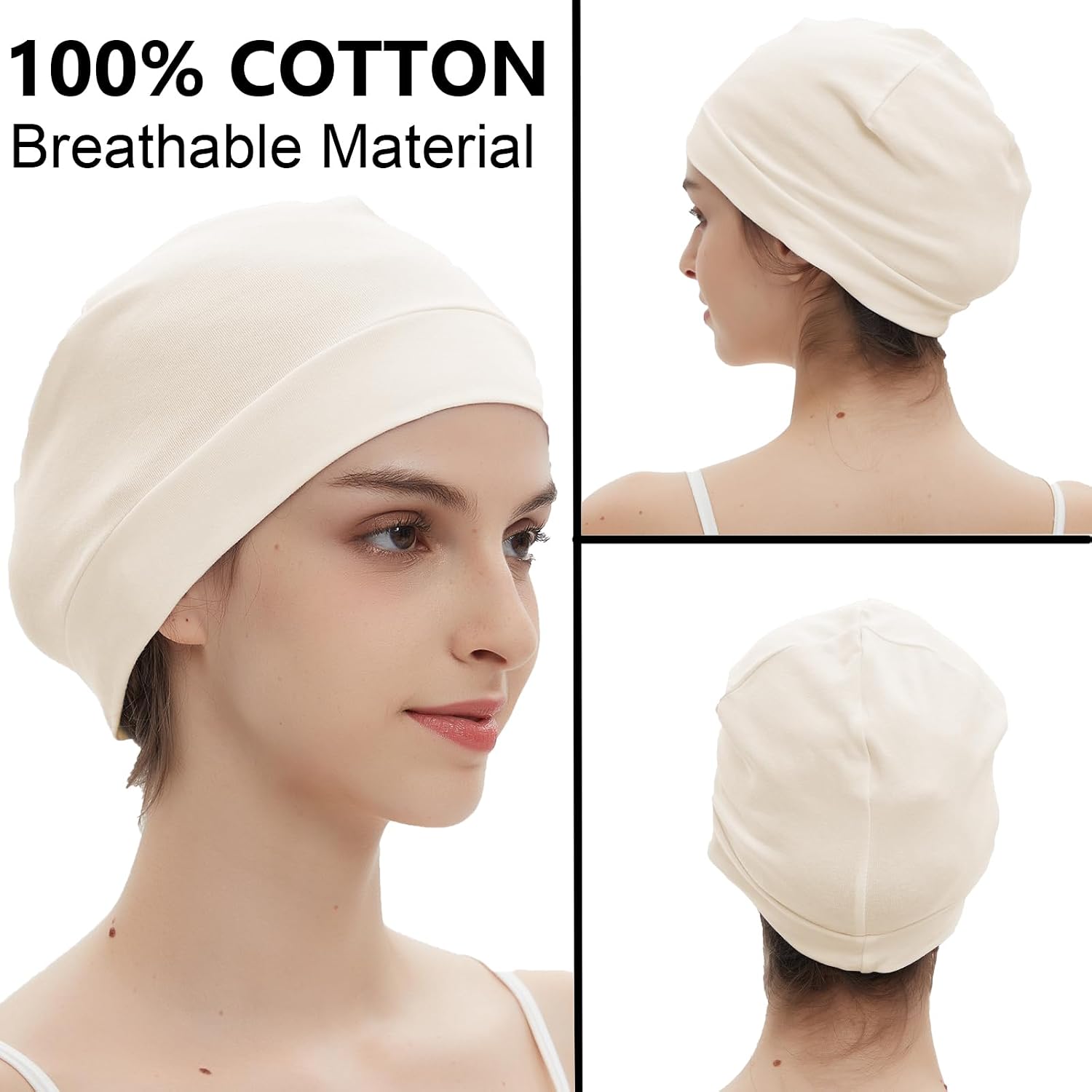 3 Pieces 100% Cotton Skull Caps Beanie for Men Women Lightweigt Night Cap Sleep Hats Breathable Helmet Liner 3pieces-beige,light Purple,pink