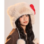 Pocadri Womens Winter Fluffy Faux Fur Trapper Hat Cute Cartoon Ear Beanie Cap Fleece Snow Hat with Earflap Festival Gifts