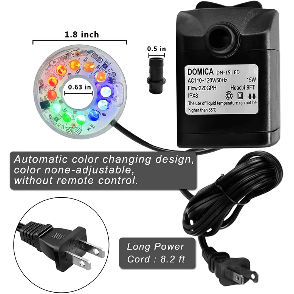 15W 220 Gph Submersible Fountain Pump With Led Light (800L/H), Ultra Quiet Adjustable Water Pump For Water Feature, Hydroponics, Garden, Pond, Aquariums, Fish Tanks, Indoor Outdoor Fountain