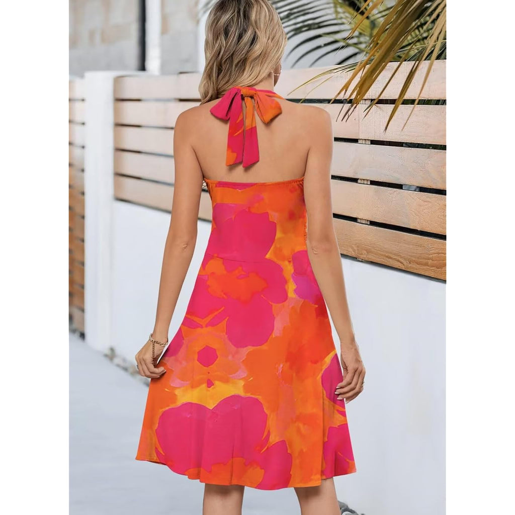 Wkior Womens Sundress Summer Beach Vacation Sleeveless Halter Neck A-Line 2026 Boho Floral Midi Dress With Pockets