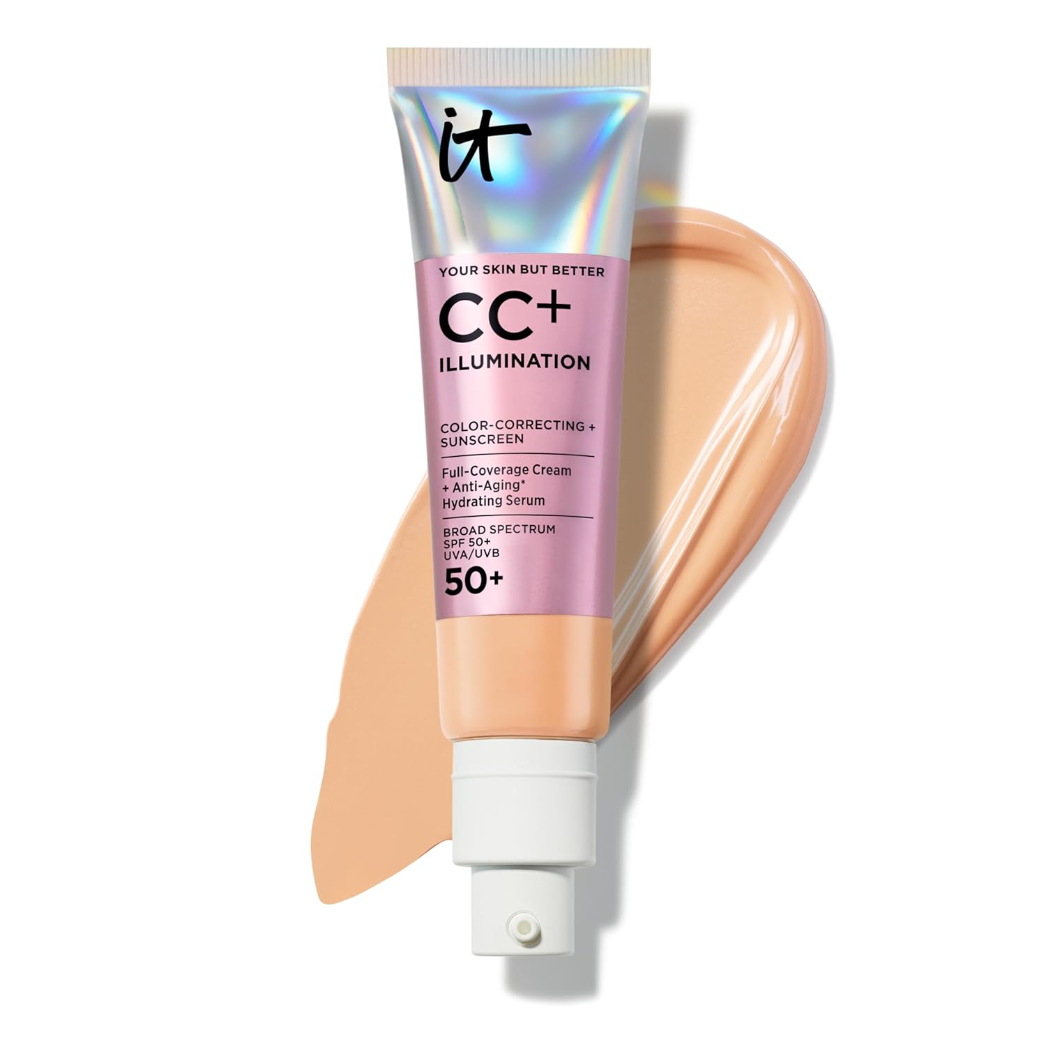 IT Cosmetics CC+ Cream Illumination (Medium) - Radiant Full Coverage Foundation With SPF 50+, Color Corrector & Hydrating Anti-Aging Serum, Hydrolyzed Collagen + Peptides - 1.08 fl oz