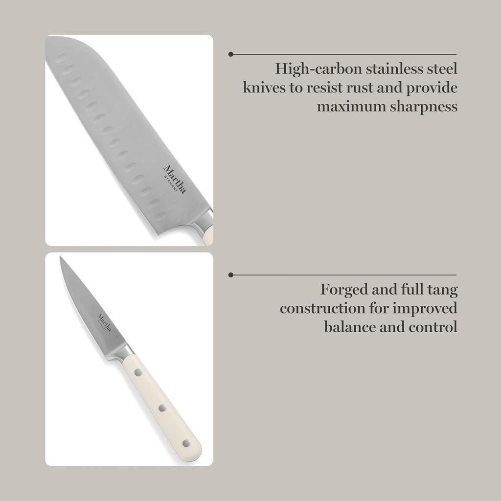 MARTHA STEWART Eastwalk 14 Piece High Carbon Stainless Steel Cutlery Kitchen Knife Block Set w/ABS Triple Riveted Forged Handle Acacia Wood Block - Linen White
